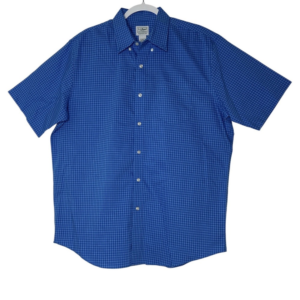 LL Bean Shirt Mens Large Blue Plaid Button Down Short Sleeve Traditional Fit